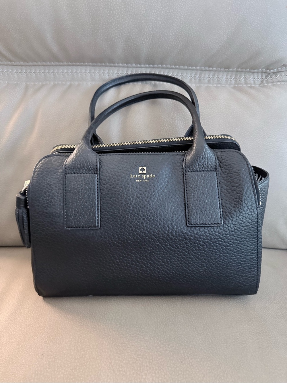 kate spade black pebbled leather dome satchel with gold logo